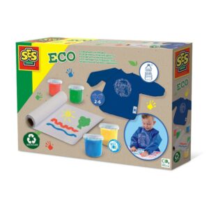 The SES Creative Eco Fingerpaint Set, showing the four pots of paint, a blue recycled apron, and a roll of recycled paper for eco-friendly art time.