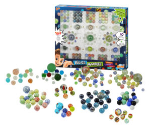 The Buki Box of 163 Marbles, showing the packaging and the huge variety of different coloured, sized, and styled glass marbles included in the set.
