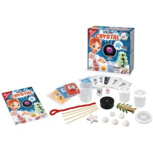 All the contents of the Buki Amazing Crystal kit laid out, including crystal powders, beakers, the light-up display base, and the instruction booklet.