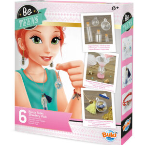 The box for the Buki Be Teens Jewellery Vials kit, showing examples of the 6 trendy necklaces, earrings, and bracelets that can be made.