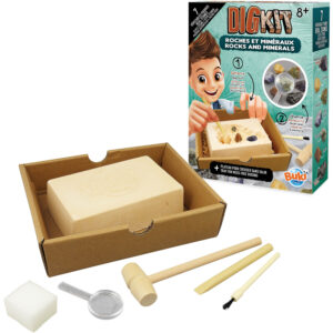 The Buki Rocks and Minerals Dig Kit, showing the plaster block, excavation tools (mallet, chisel, brush), and the box.