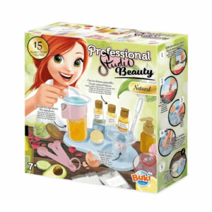 The Buki Professional Studio Beauty Lab, a DIY kit for kids showing the mixer, bottles, and ingredients to create homemade beauty products.