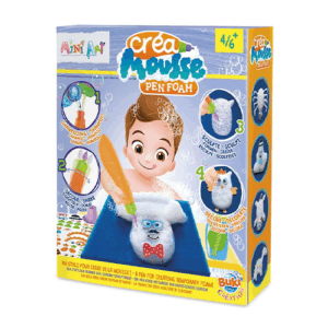 The Buki Mini Art Foam Pen craft kit, showing the special pen for creating foam, the mat for sculpting, and examples of foam animal creations.