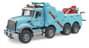 Turquoise MACK Granite recovery truck toy featuring a red crane arm and extending wheel lift, shown against a white background.