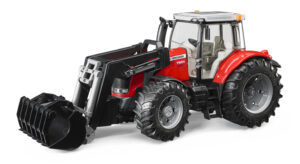 Red Massey Ferguson 7624 toy tractor with a functional front loader attachment and glazed cabin.