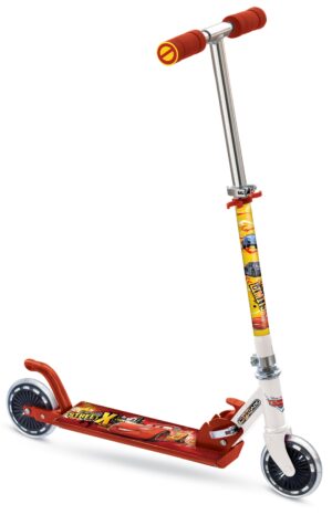 A sleek red and white 2-wheel scooter featuring Lightning McQueen graphics on the deck and stem.