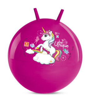 A vibrant magenta inflatable space hopper featuring a white unicorn on a cloud with a rainbow and "Be Unique" text.