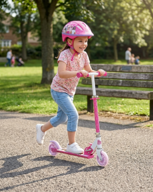 A young girl wearing a pink Barbie helmet and safety pads riding her white and pink Barbie 2-wheel scooter along a paved path.