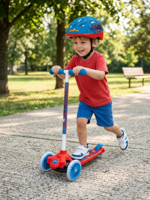 A bright red and blue 3-wheel scooter featuring Spider-Man graphics on the footplate and stem.