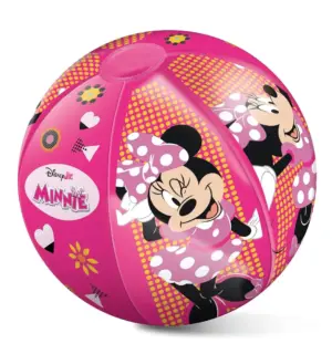 Pink inflatable kids beach ball featuring Minnie Mouse character graphics and polka dots, perfect for pool games and summer beach holidays.