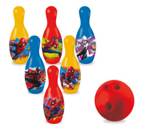 A colourful set of six plastic skittles featuring Spider-Man, Miles Morales, and Ghost-Spider, shown with a small red bowling ball.