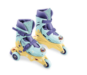 Pastel blue and yellow Disney Frozen adjustable skates featuring a stable three-wheel design and magical character graphics.