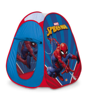 A young boy plays with toys inside a vibrant red and blue pop-up play tent featuring large Spider-Man character graphics.