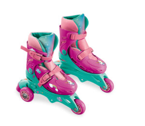 Pastel pink and teal unicorn adjustable skates featuring a stable three-wheel design and magical graphics.