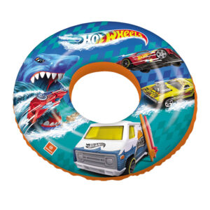Blue kids inflatable swim ring featuring Hot Wheels cars and a shark track graphic