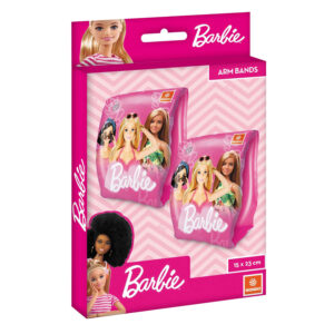 Pink Mondo retail box for Barbie inflatable arm bands showing 15x23cm dimensions and a child in a pool.
