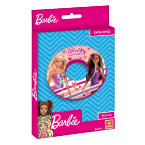 Pink Mondo box displaying the Barbie inflatable swim ring and a 50cm diameter size