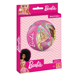 Pink inflatable kids beach ball featuring Barbie characters and rainbow heart patterns for summer play.