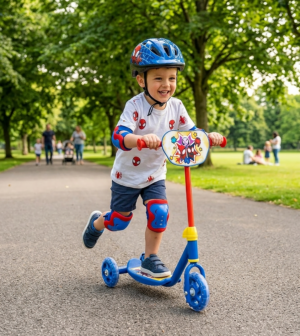 A smiling toddler wearing a helmet and safety gear riding a colourful Spidey 3-wheel scooter in a park.