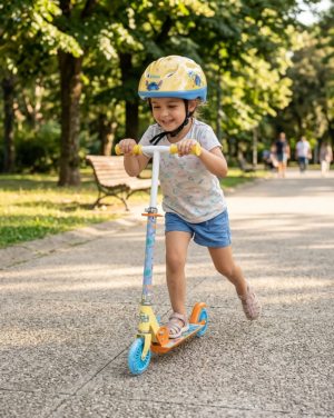 A young girl wearing a yellow Stitch helmet and safety gear riding a colourful Stitch 2-wheel scooter on a park path.