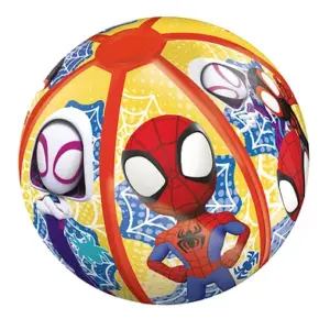Brightly coloured yellow, red, and blue inflatable beach ball featuring Marvel Spidey and Ghost-Spider character graphics.