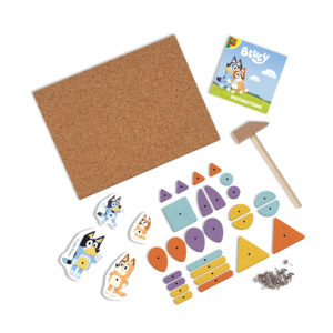 Wooden hammer, cork board, colourful shapes, nails, and Bluey character pieces for creative hammering fun.