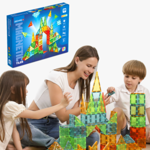 Mother and two children building a colourful translucent castle using the Geomag Gems 100-piece magnetic tile set.