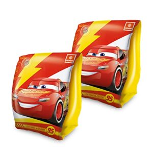 Red and yellow kids inflatable swimming arm bands featuring Lightning McQueen and the racing number 95.