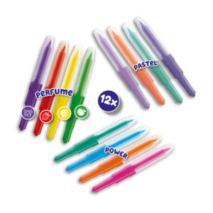 SES Creative set of 12 blow pens arranged in groups of perfume, pastel, and power colours.