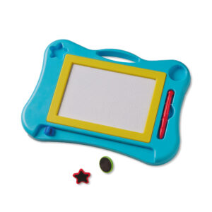 Blue magnetic drawing board with a yellow frame, red stylus, and two magnetic stamps.
