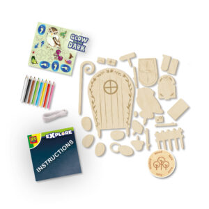 SES Creative wooden fairy door craft set including pre-cut wooden pieces, eight crayons, and a sheet of glow-in-the-dark stickers.