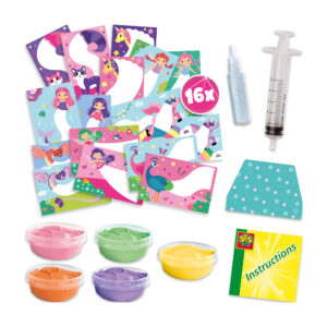 SES Creative squeegee art kit showing paint pots, a syringe, a flexible squeegee tool, and sixteen colourful illustrated cards.