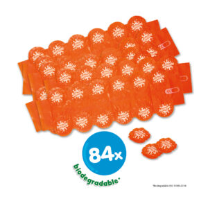 84 bright orange biodegradable splash bombs water balloons attached to multi-fill nozzles for quick and easy preparation.
