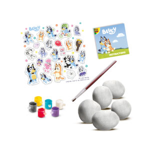 SES Creative craft set showing five white rocks, paint pots, a paintbrush, and a sheet of Bluey character transfers.