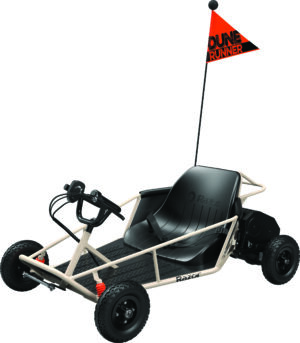 Beige and black electric go kart with knobby tyres, an orange safety flag, and a rugged open steel frame.