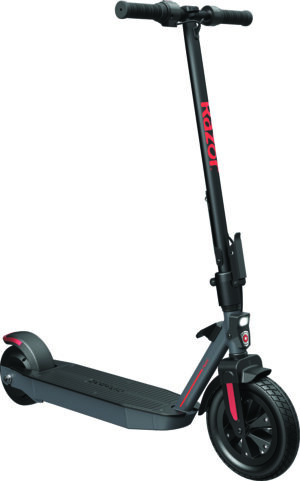 Side profile of the black electric scooter showing the sleek steel frame, pneumatic front tyre, and rear hub motor.