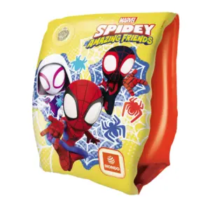Yellow and red Spidey and His Amazing Friends inflatable arm band featuring Peter Parker, Gwen Stacy, and Miles Morales.