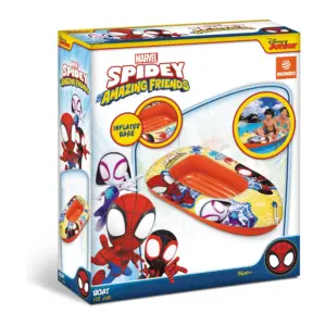 A brightly coloured yellow, red, and blue inflatable boat toy featuring Marvel Spidey graphics beside its packaging.