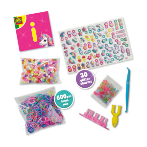 SES Creative jewellery set containing 600 colourful loom bands, beads, DIY charm supplies, and weaving tools.