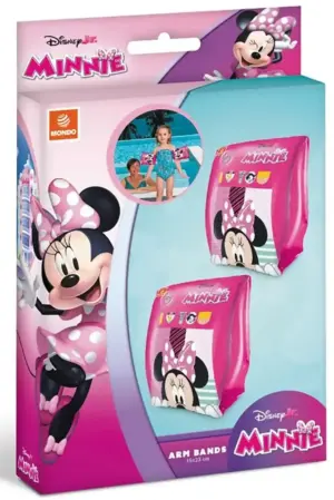 Bright pink inflatable armbands featuring a cute Disney Minnie Mouse graphic and colourful patterns.