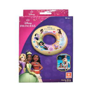 Yellow kids inflatable pool float featuring Disney Princesses Tiana, Belle, Cinderella, Rapunzel, Jasmine, and Snow White.