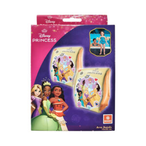 Purple Mondo retail packaging for Disney Princess arm bands showing the 15x23cm dimensions and safety information.