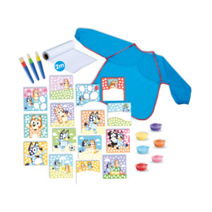 A comprehensive SES Creative craft set featuring a blue apron, paper roll, three paint brushes, six paint tubs, and fifteen Bluey character cards.