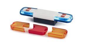 A white and blue Bruder Light and Sound module with interchangeable orange and red plastic covers.