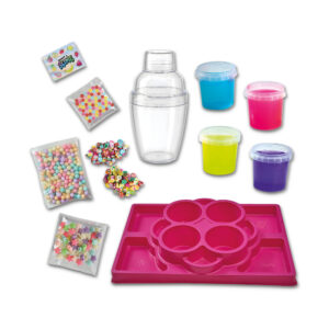 The complete SES Creative shake a slime studio toy set featuring a shaker, colourful slime tubs, and bright sensory beads.