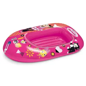 Bright pink kids inflatable pool boat featuring Minnie Mouse and Figaro characters