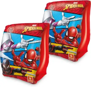 Two red and blue inflatable armbands featuring Marvel's Spidey, Ghost-Spider, and Miles Morales with splashing water effects.