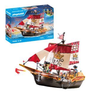The 137-piece Playmobil pirate ship playset box featuring a floating vessel with red and white skull sails.