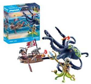 Playmobil 71419 Pirates Battle with Sea Creature featuring a pirate raft, a giant octopus, and a sea monster figure.