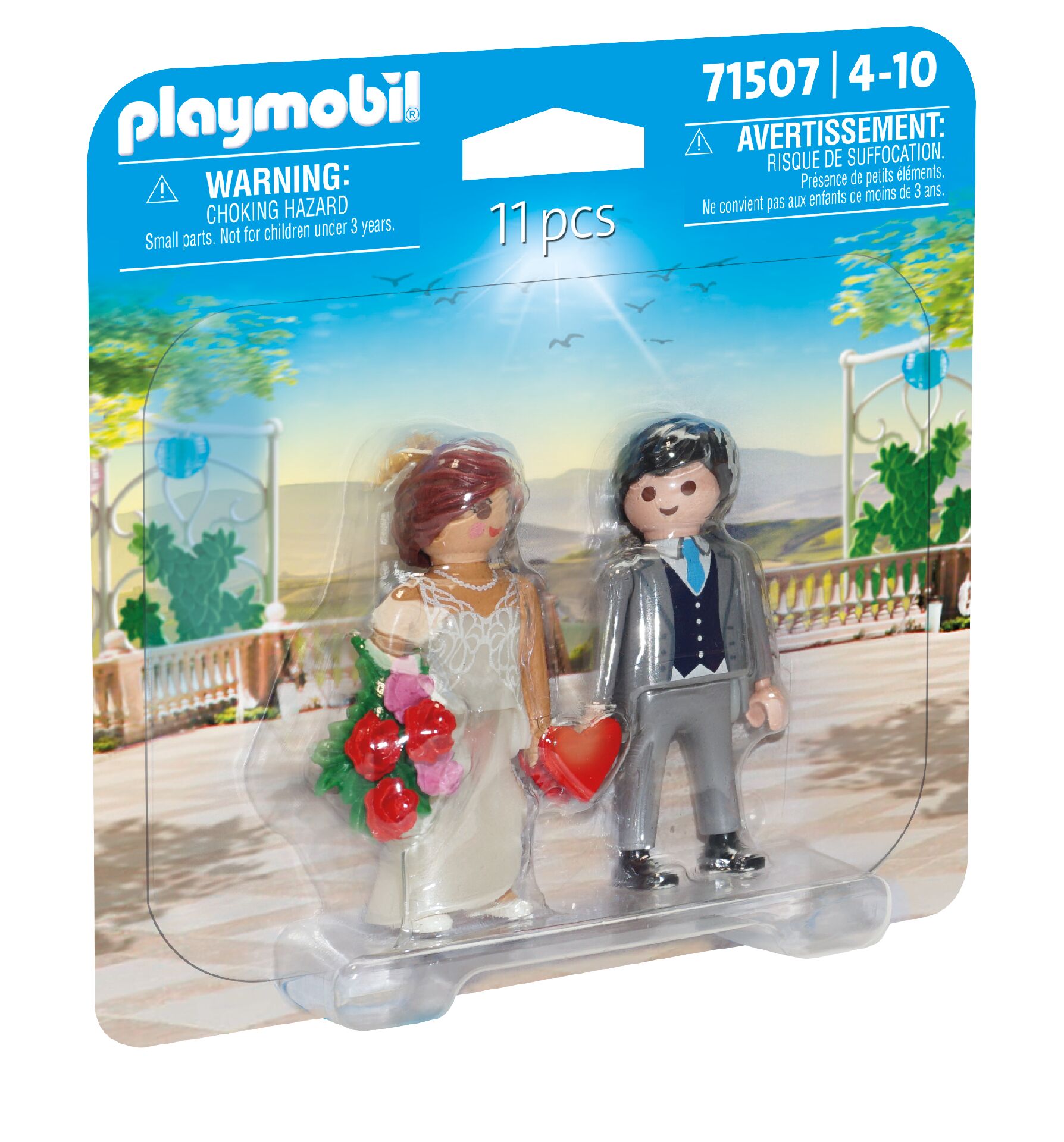 Playmobil 71507 DuoPack Wedding Couple packaging showing bride and groom figures, 11 pcs label and age 4-10 rating